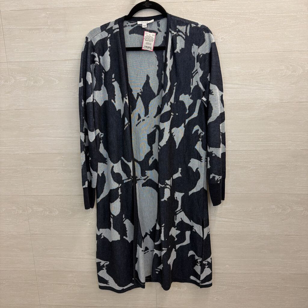 Chicos Navy Print Long Sleeve Open Front Long Sweater Medium