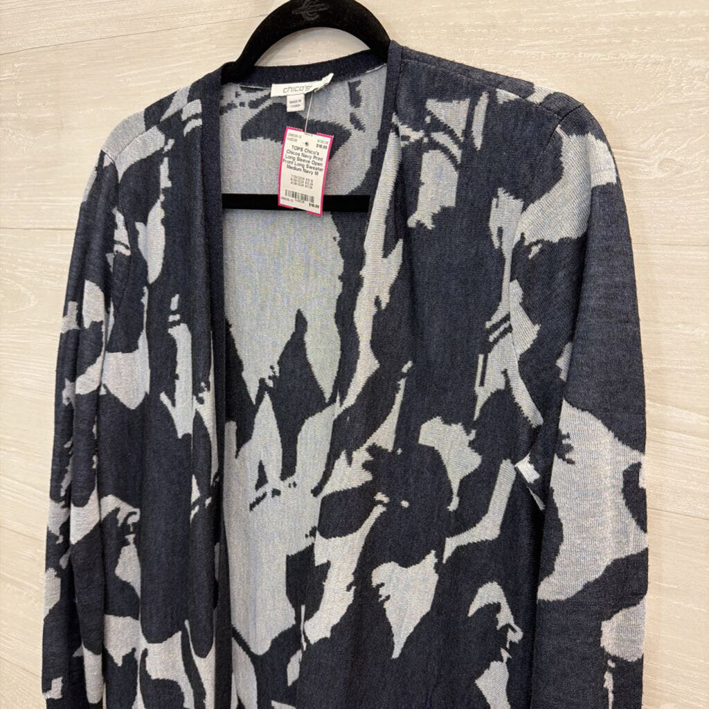 Chicos Navy Print Long Sleeve Open Front Long Sweater Medium