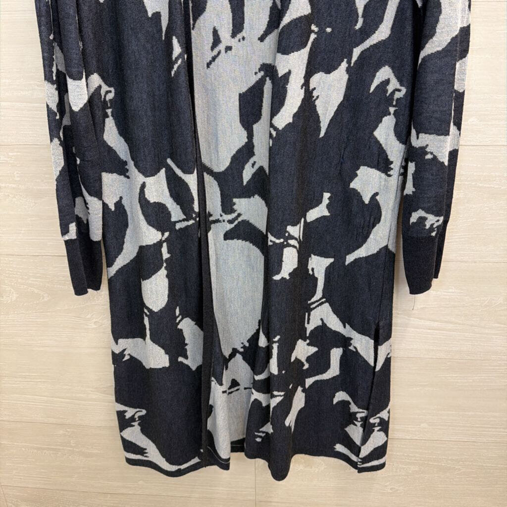 Chicos Navy Print Long Sleeve Open Front Long Sweater Medium