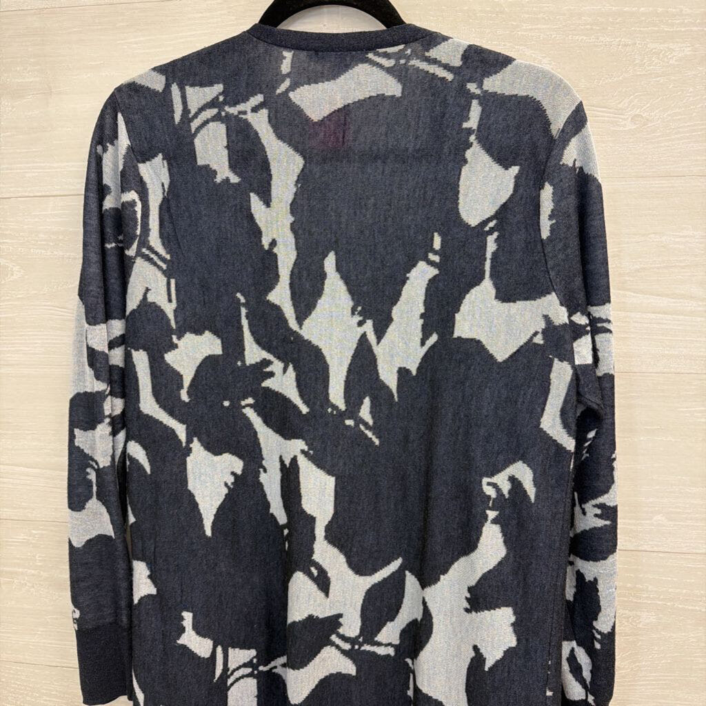 Chicos Navy Print Long Sleeve Open Front Long Sweater Medium