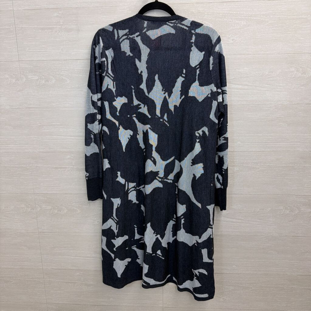 Chicos Navy Print Long Sleeve Open Front Long Sweater Medium