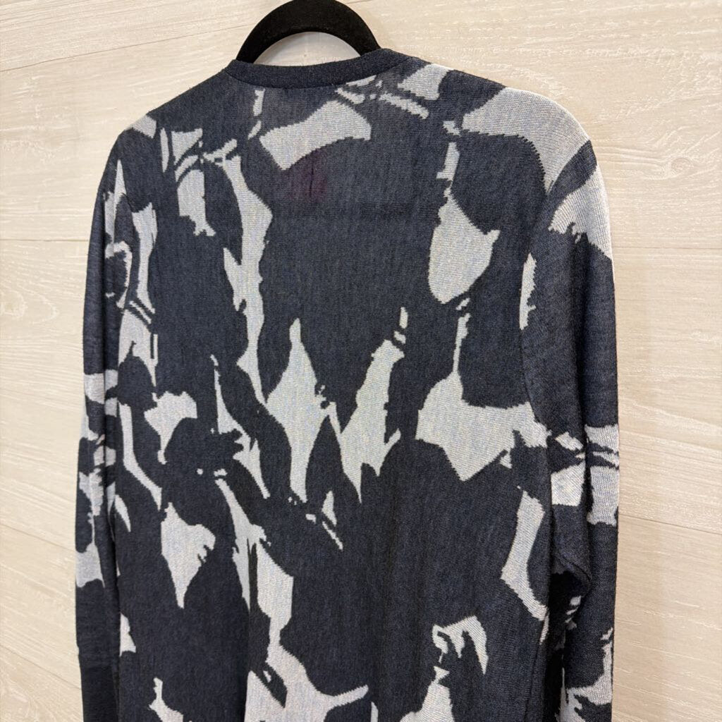Chicos Navy Print Long Sleeve Open Front Long Sweater Medium