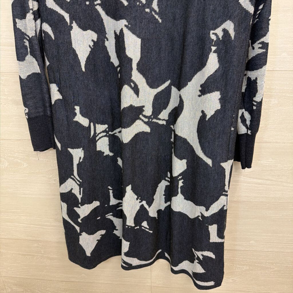 Chicos Navy Print Long Sleeve Open Front Long Sweater Medium