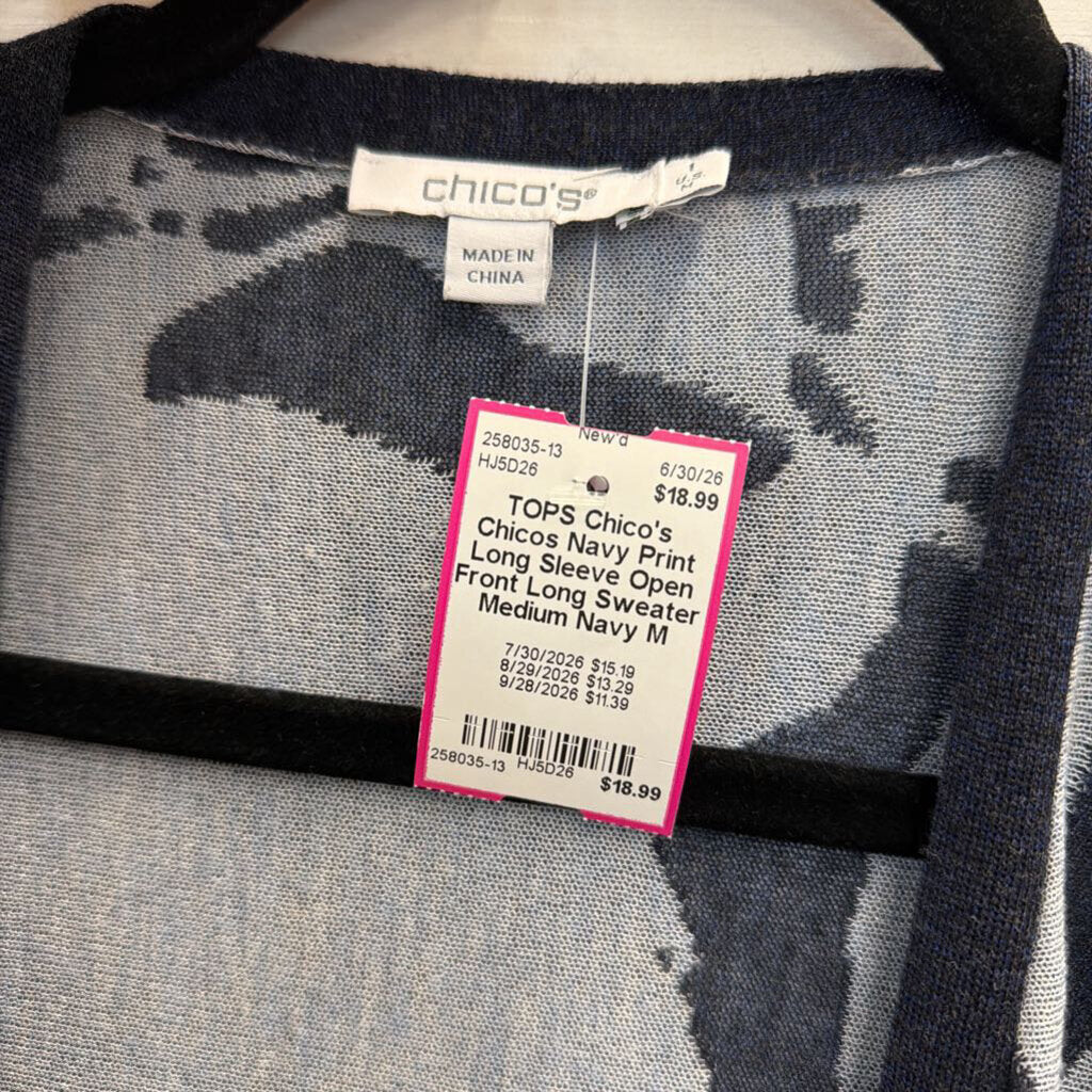 Chicos Navy Print Long Sleeve Open Front Long Sweater Medium