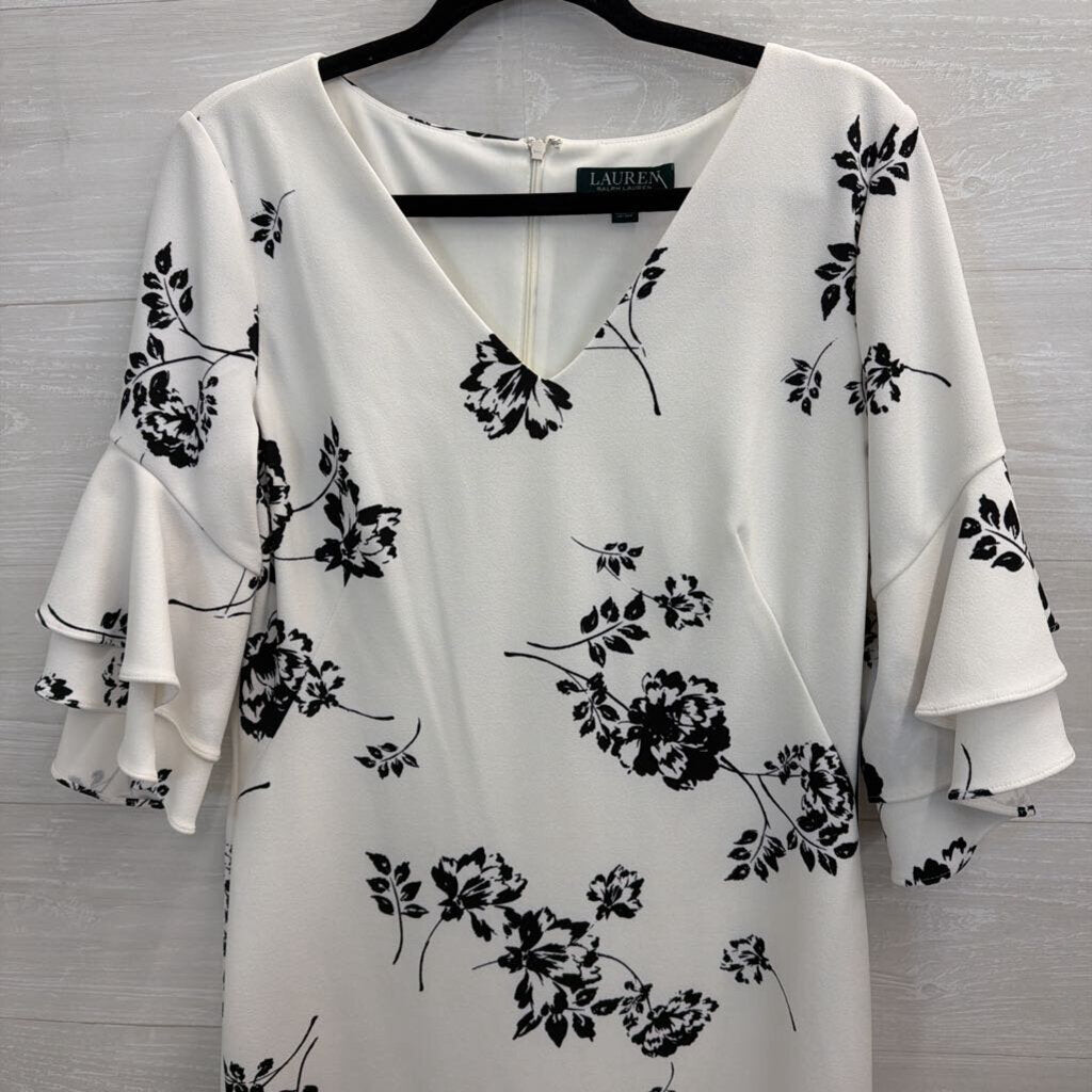Ralph Lauren White/ Black Print Ruffle Sleeve Dress 10