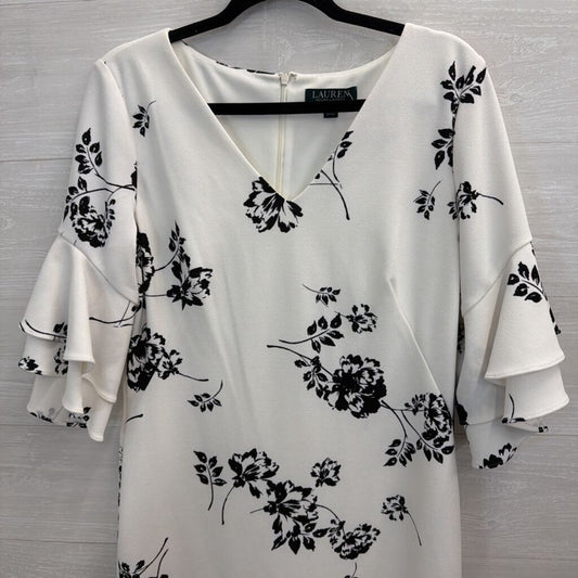 Ralph Lauren White/ Black Print Ruffle Sleeve Dress 10