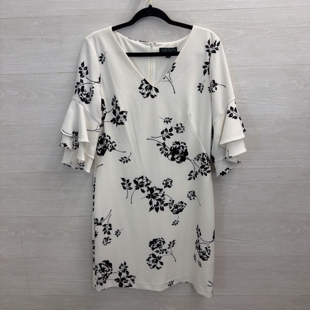 Ralph Lauren White/ Black Print Ruffle Sleeve Dress 10