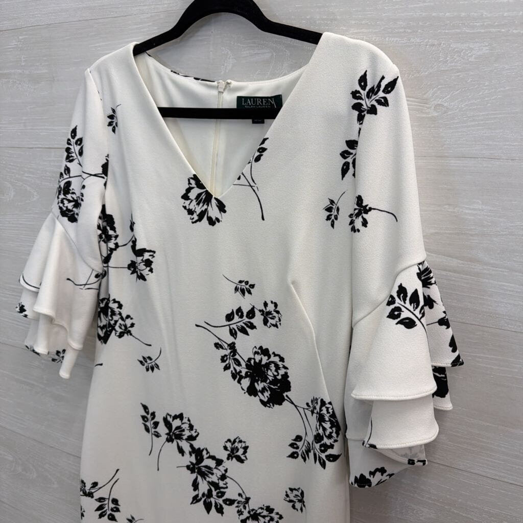 Ralph Lauren White/ Black Print Ruffle Sleeve Dress 10