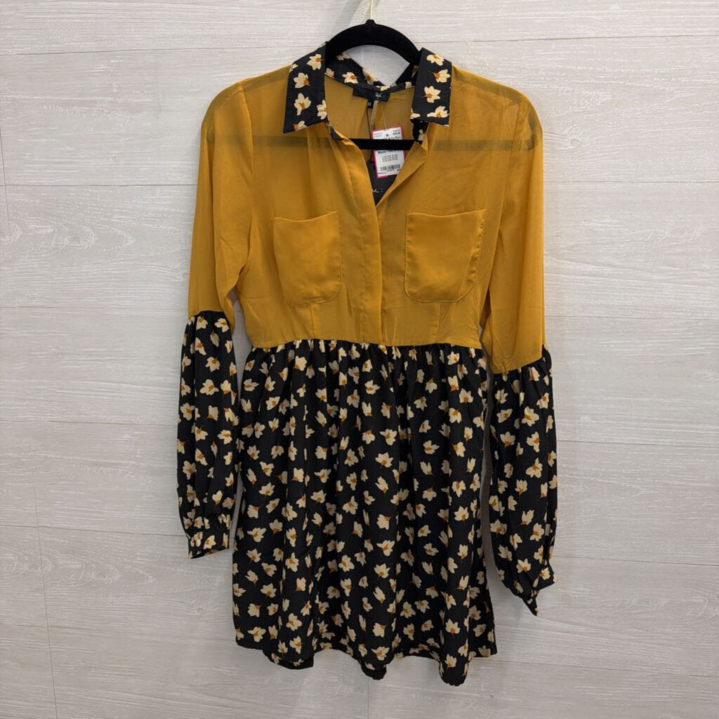 Ryu Black/ Yellow Long Sleeve Floral Print Block Dress Medium