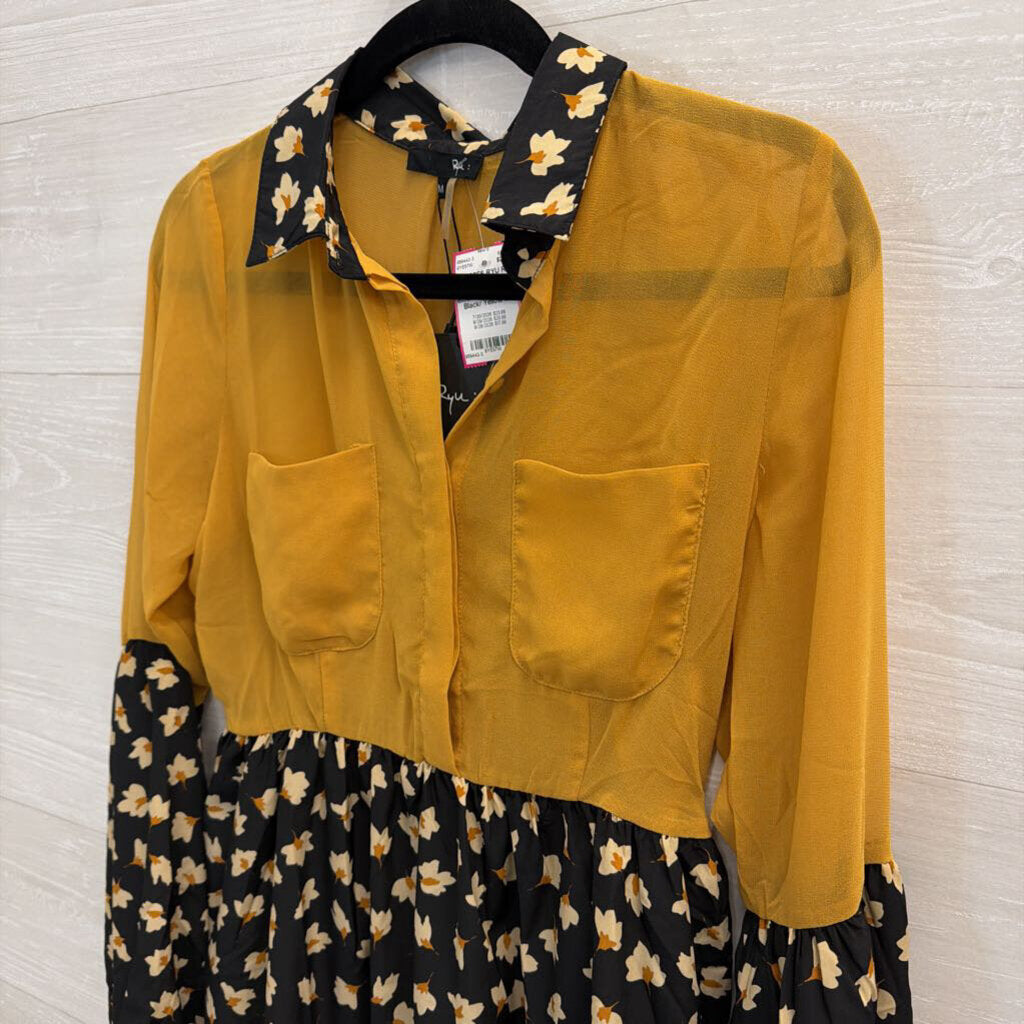Ryu Black/ Yellow Long Sleeve Floral Print Block Dress Medium