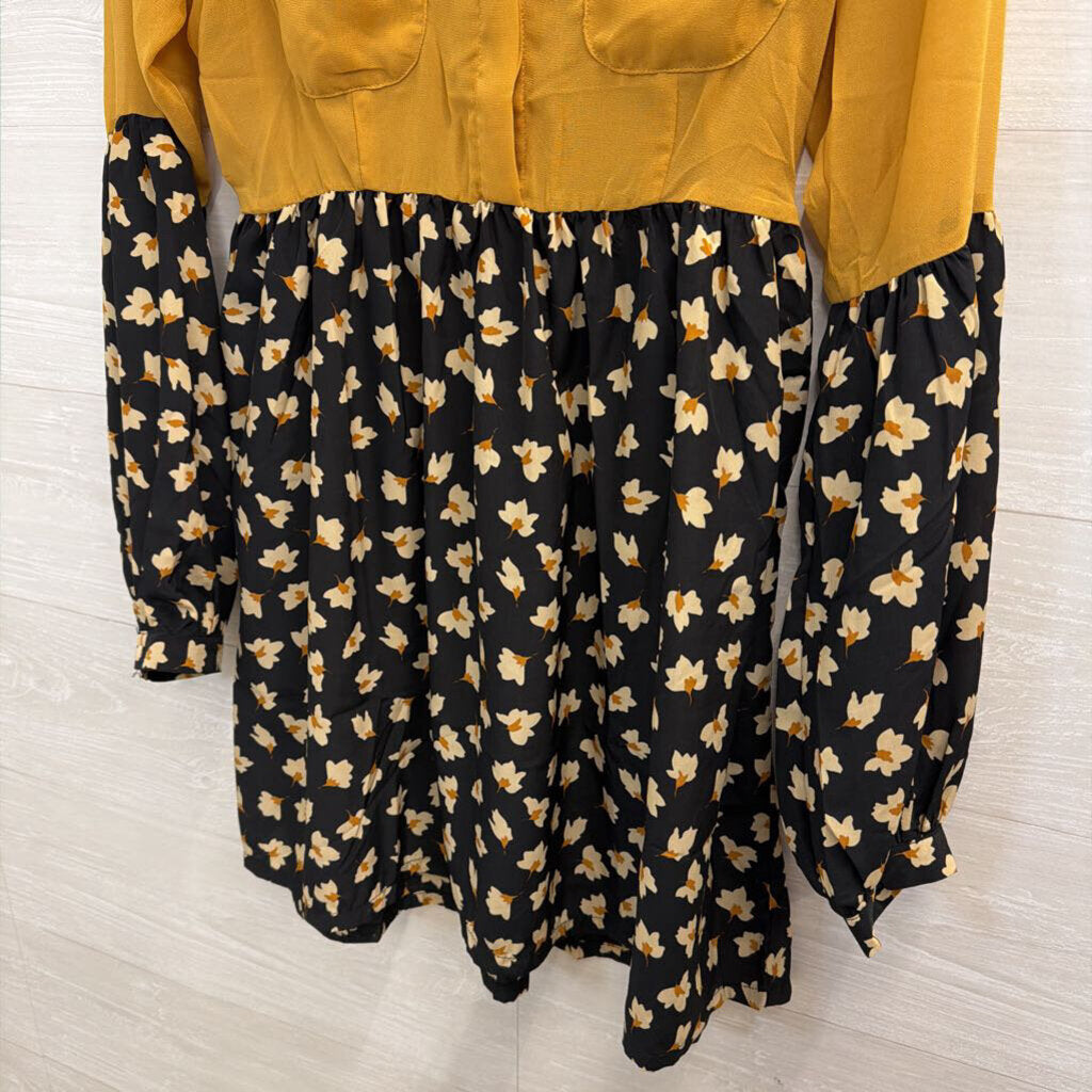 Ryu Black/ Yellow Long Sleeve Floral Print Block Dress Medium