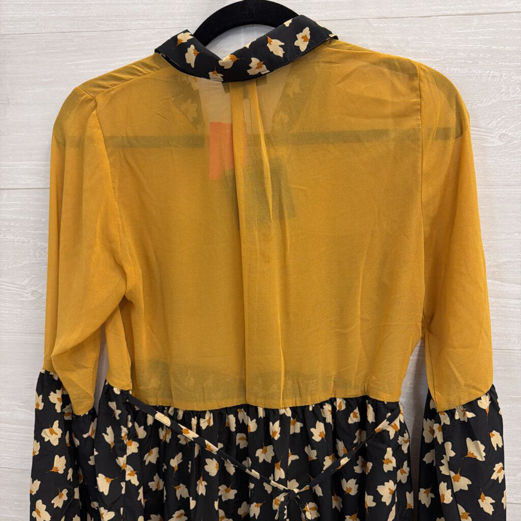 Ryu Black/ Yellow Long Sleeve Floral Print Block Dress Medium