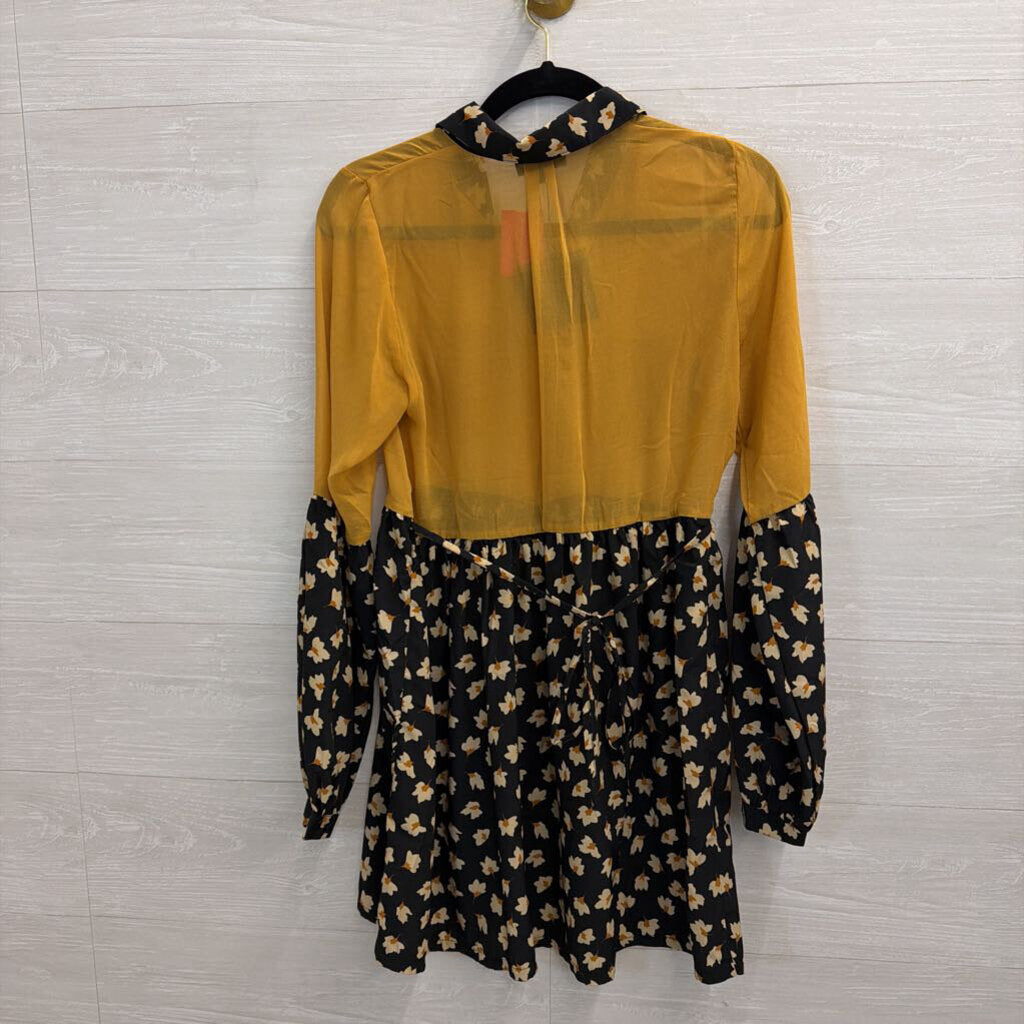 Ryu Black/ Yellow Long Sleeve Floral Print Block Dress Medium