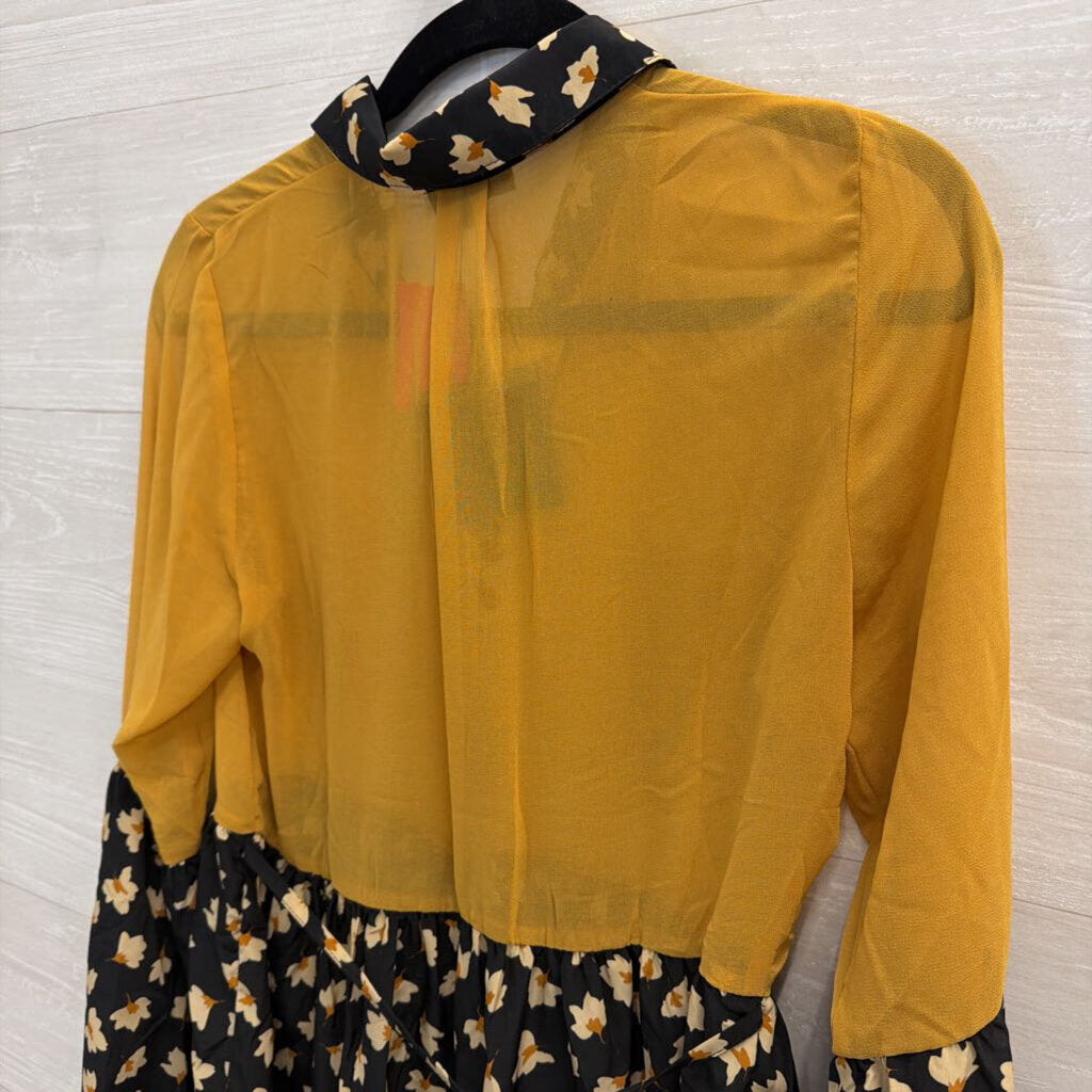 Ryu Black/ Yellow Long Sleeve Floral Print Block Dress Medium