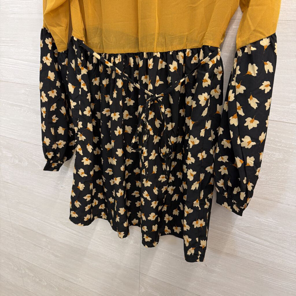 Ryu Black/ Yellow Long Sleeve Floral Print Block Dress Medium