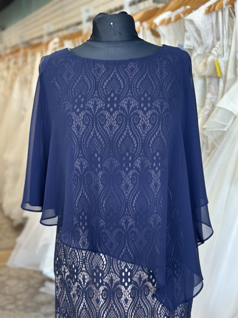 Connected Apparel Navy/ Beige Cape Top Layered Lace Short Formal Dress 10