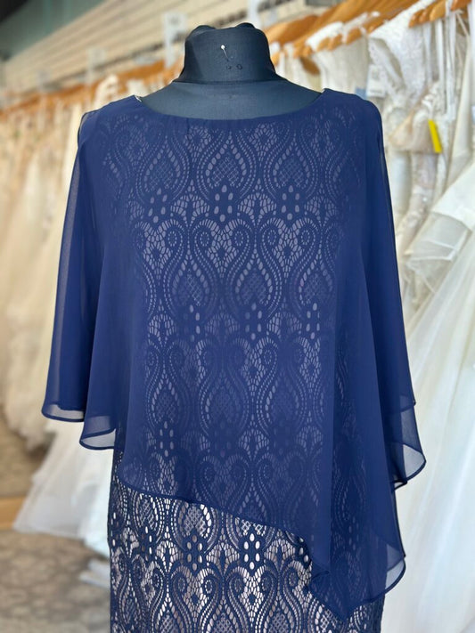Connected Apparel Navy/ Beige Cape Top Layered Lace Short Formal Dress 10