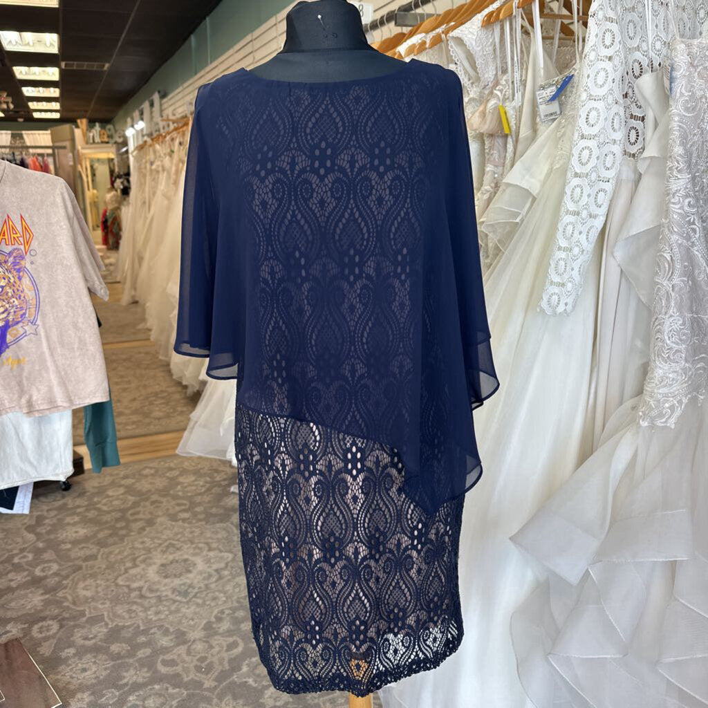 Connected Apparel Navy/ Beige Cape Top Layered Lace Short Formal Dress 10