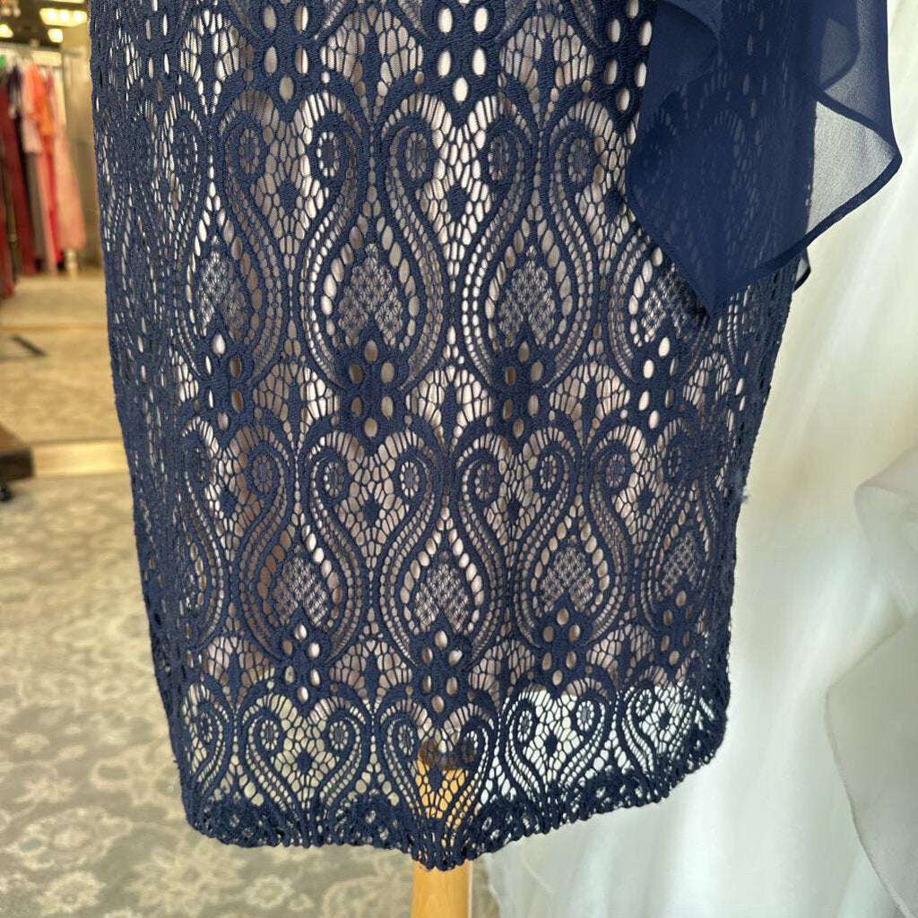 Connected Apparel Navy/ Beige Cape Top Layered Lace Short Formal Dress 10