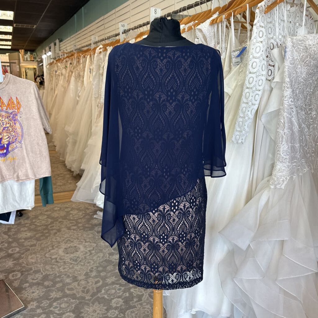 Connected Apparel Navy/ Beige Cape Top Layered Lace Short Formal Dress 10