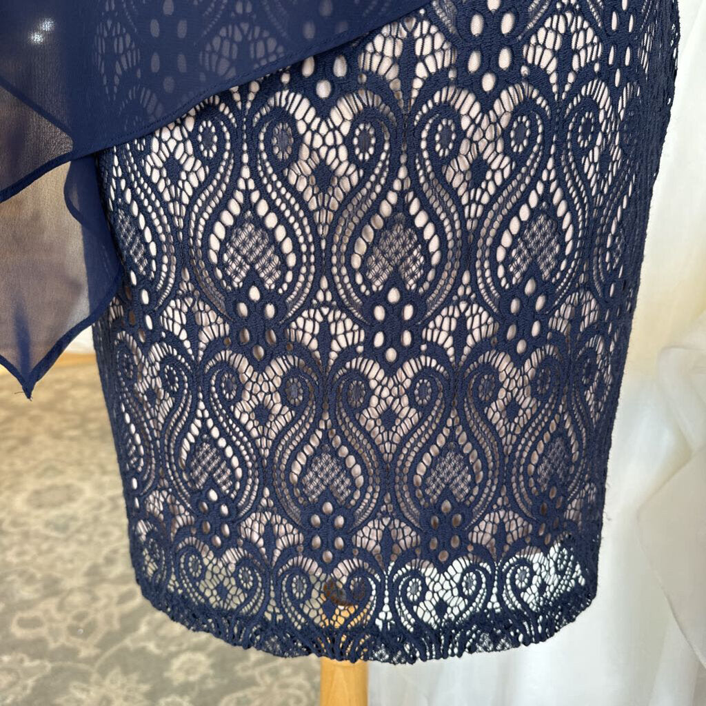 Connected Apparel Navy/ Beige Cape Top Layered Lace Short Formal Dress 10