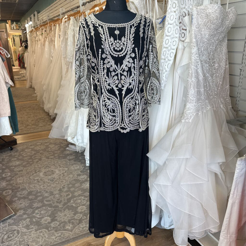 Black/ Gold Embroidered Long Sleeve Top/ Wide Leg Pants Special Occasion Set Large