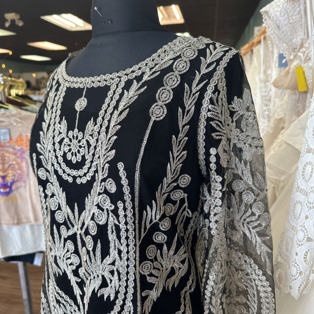 Black/ Gold Embroidered Long Sleeve Top/ Wide Leg Pants Special Occasion Set Large