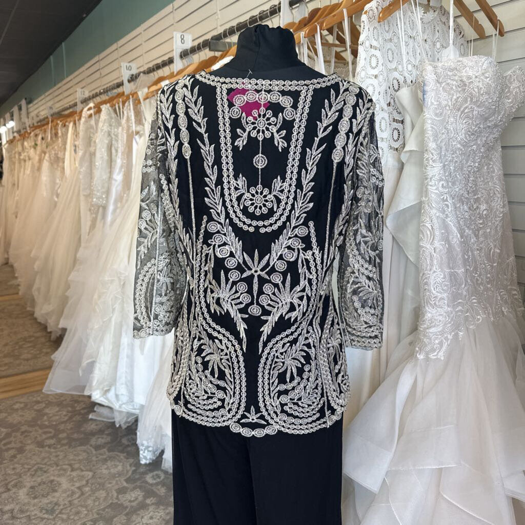 Black/ Gold Embroidered Long Sleeve Top/ Wide Leg Pants Special Occasion Set Large