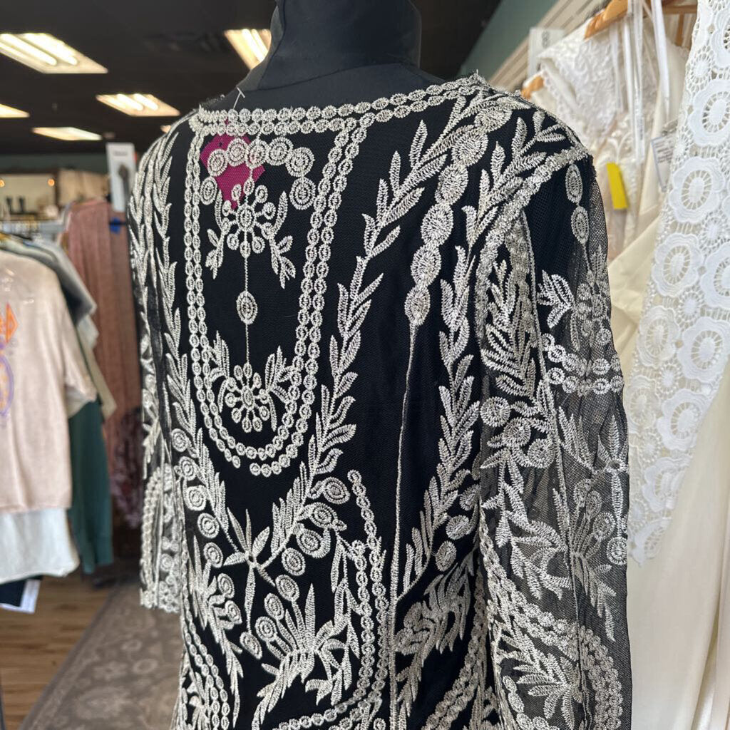 Black/ Gold Embroidered Long Sleeve Top/ Wide Leg Pants Special Occasion Set Large
