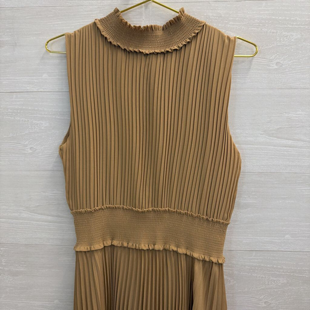 Nanette Lepore Beige Pleated High Neck Sleeveless Midi Dress 12