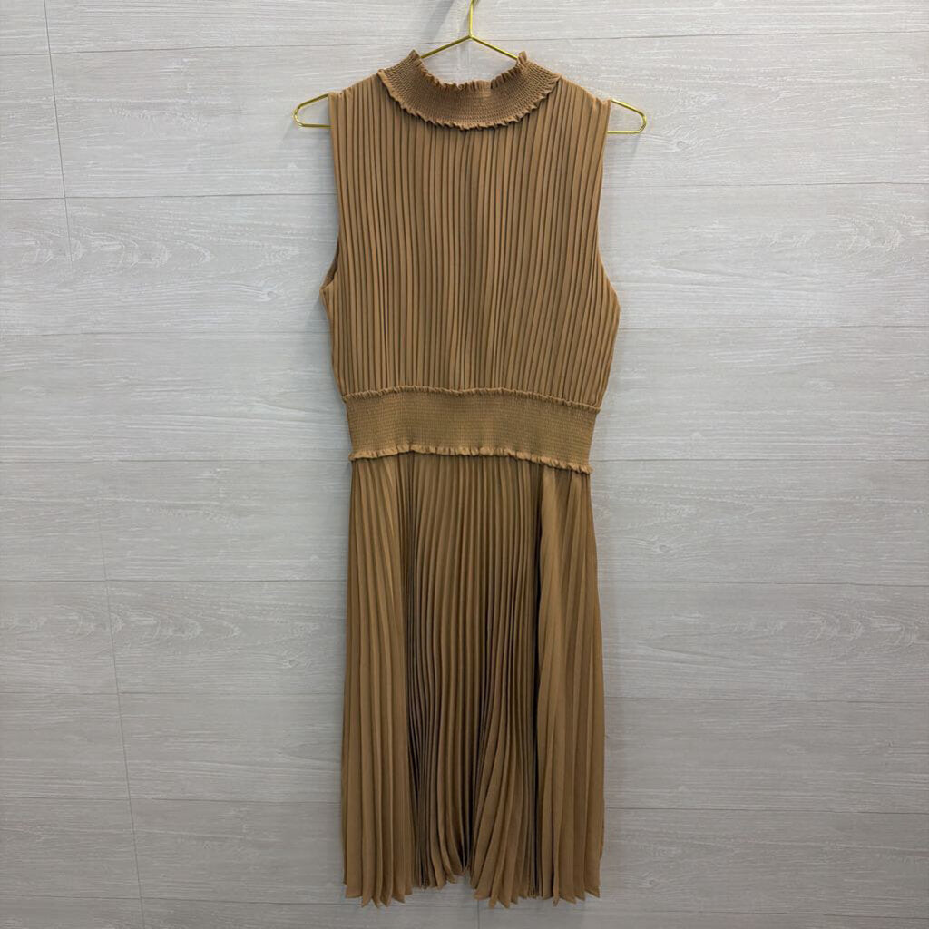Nanette Lepore Beige Pleated High Neck Sleeveless Midi Dress 12