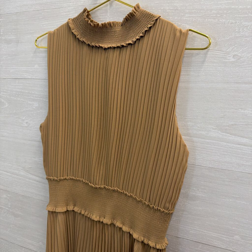 Nanette Lepore Beige Pleated High Neck Sleeveless Midi Dress 12