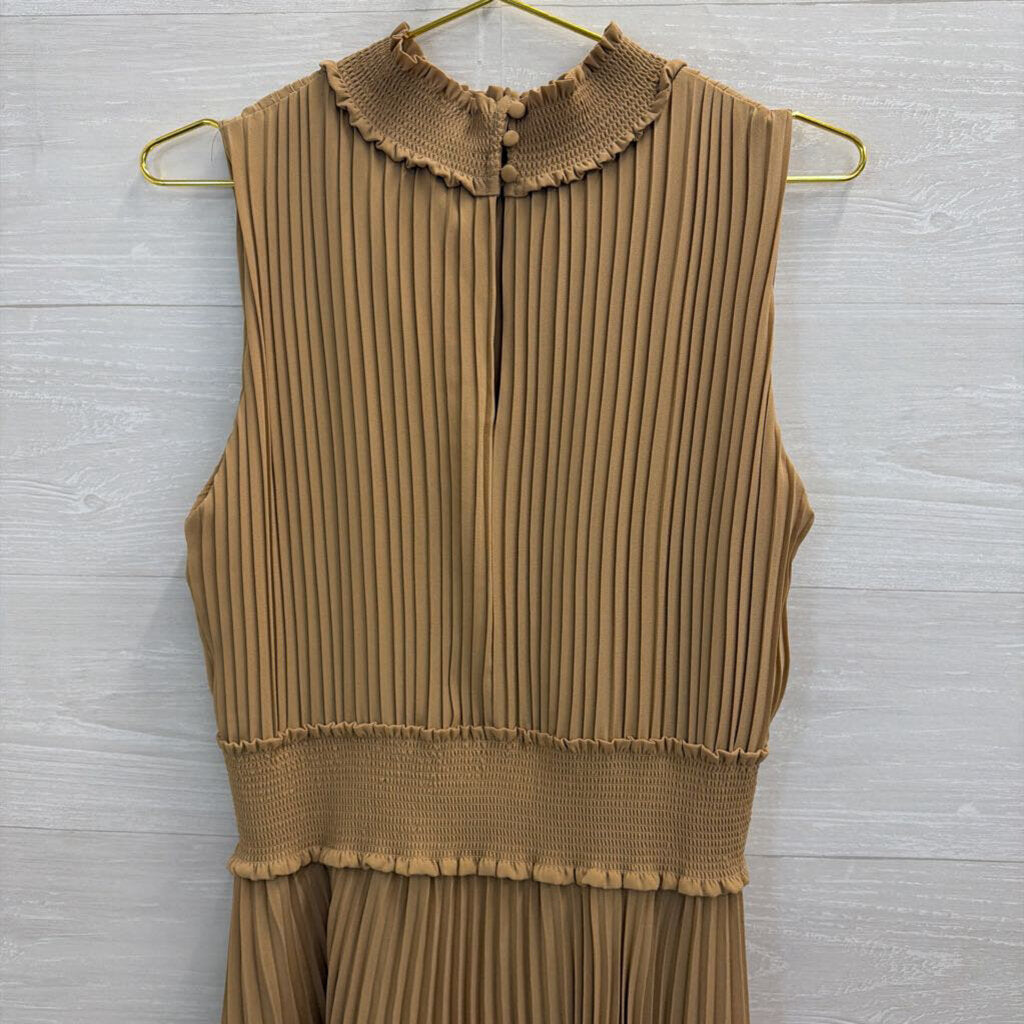Nanette Lepore Beige Pleated High Neck Sleeveless Midi Dress 12