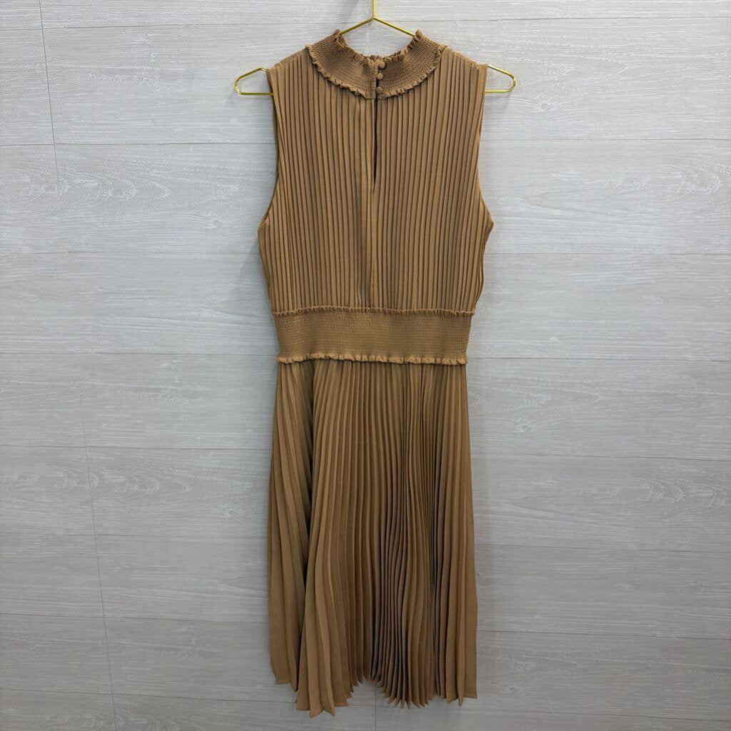 Nanette Lepore Beige Pleated High Neck Sleeveless Midi Dress 12
