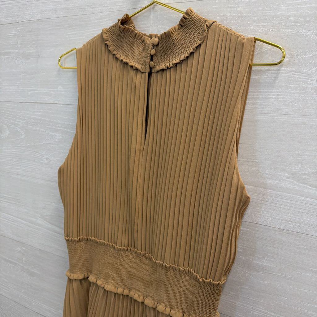 Nanette Lepore Beige Pleated High Neck Sleeveless Midi Dress 12