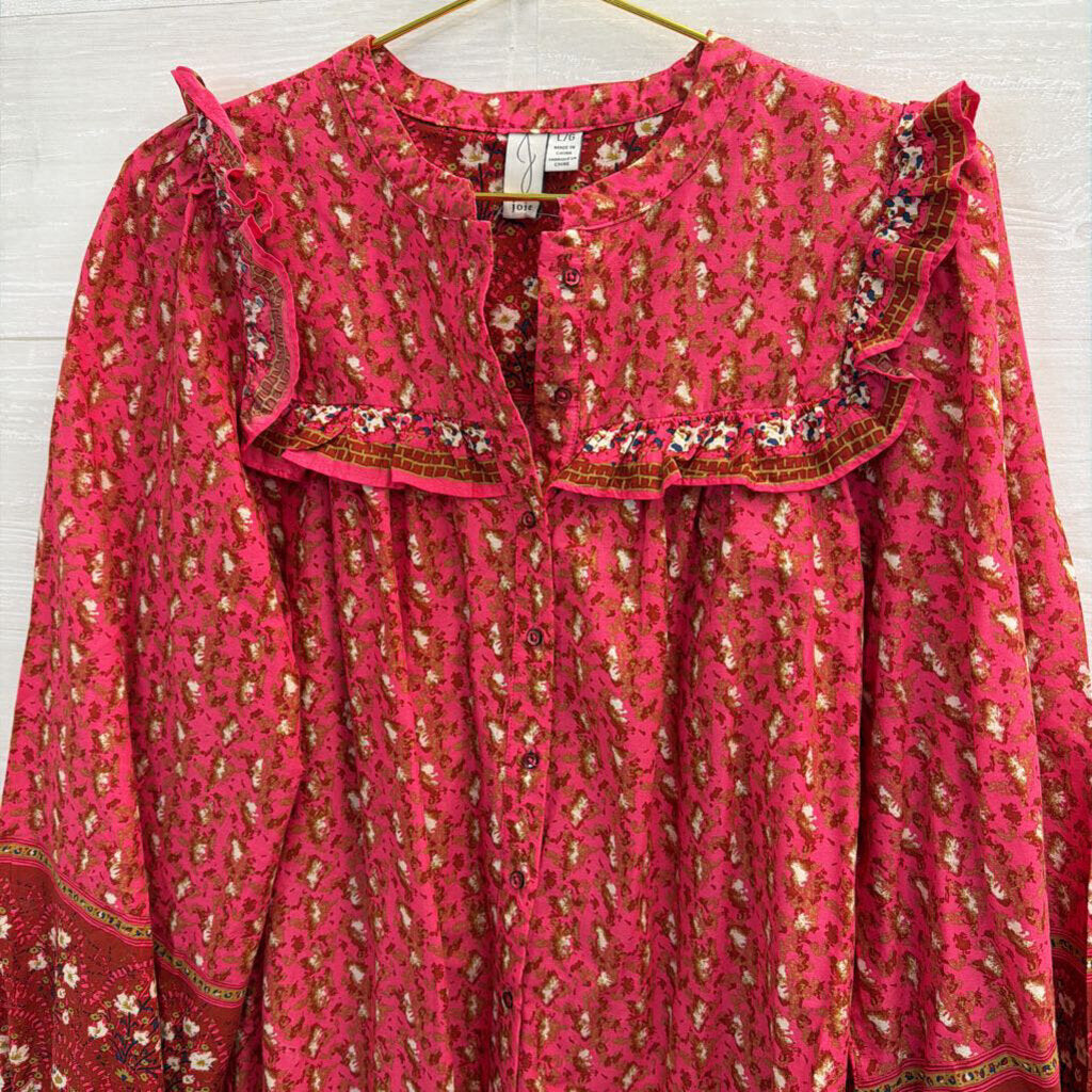 Joie Pink Print Long Sleeve Button Down Top Large