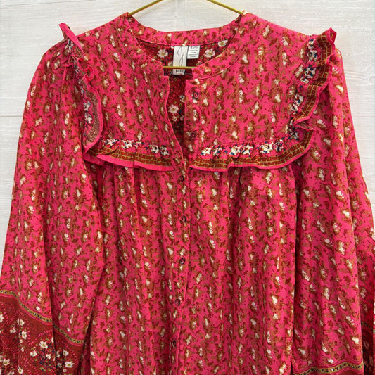 Joie Pink Print Long Sleeve Button Down Top Large