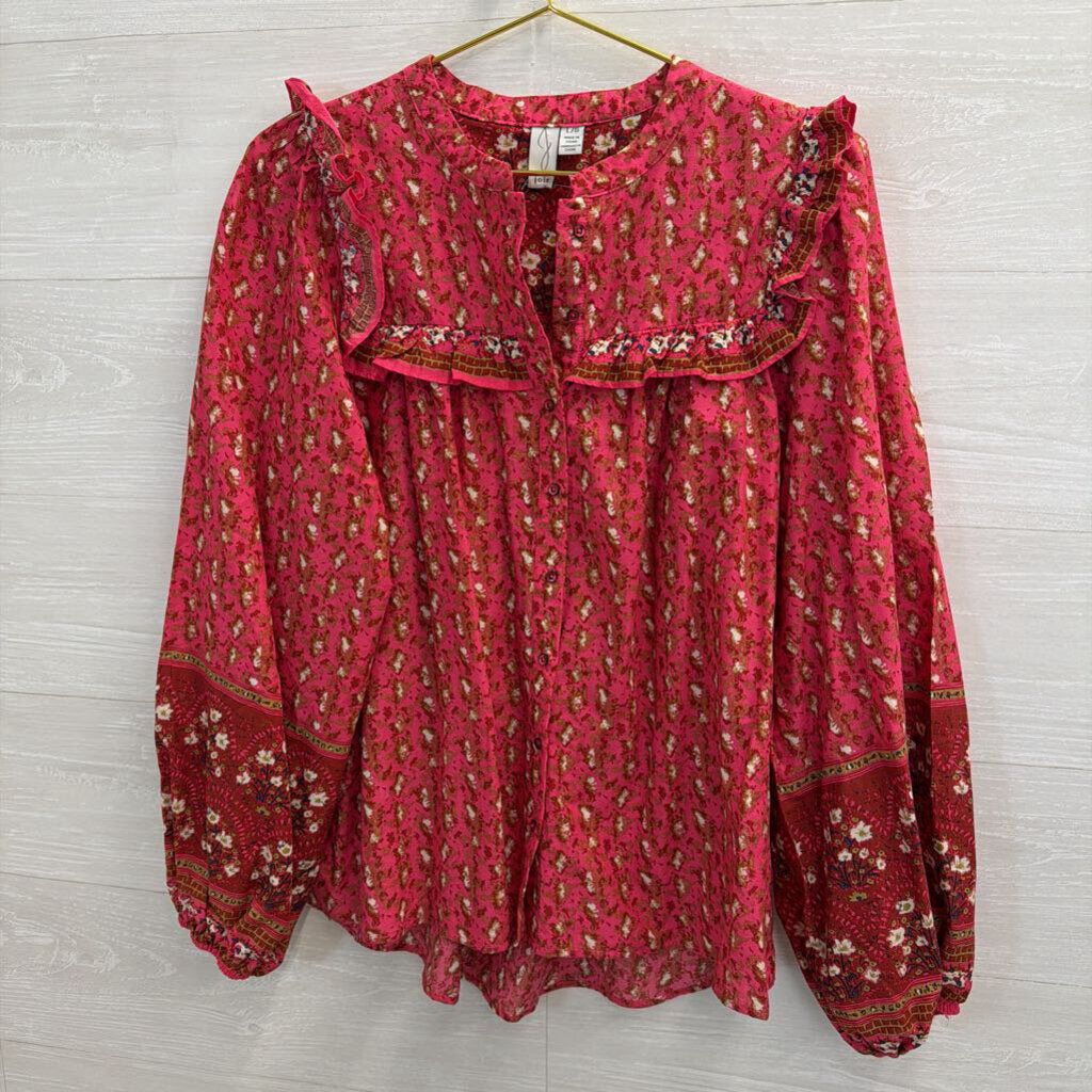 Joie Pink Print Long Sleeve Button Down Top Large