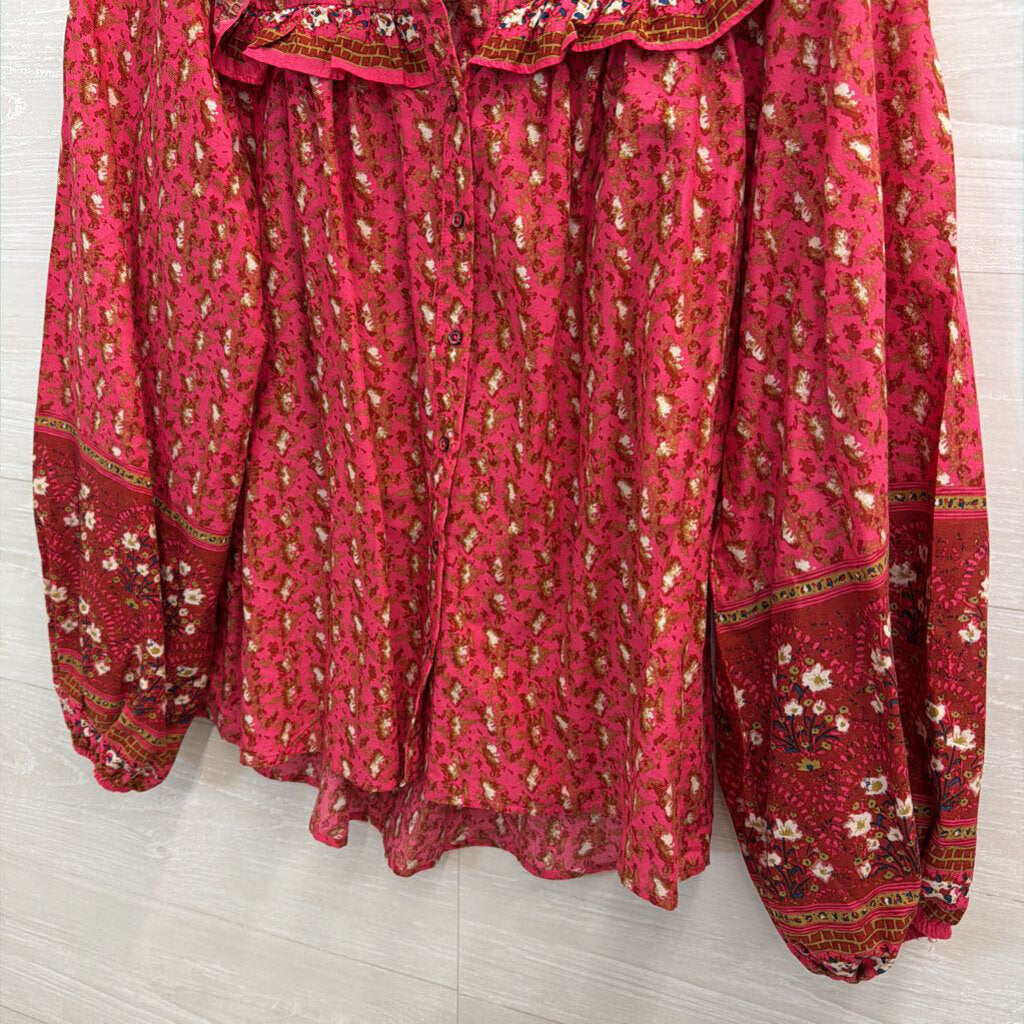 Joie Pink Print Long Sleeve Button Down Top Large