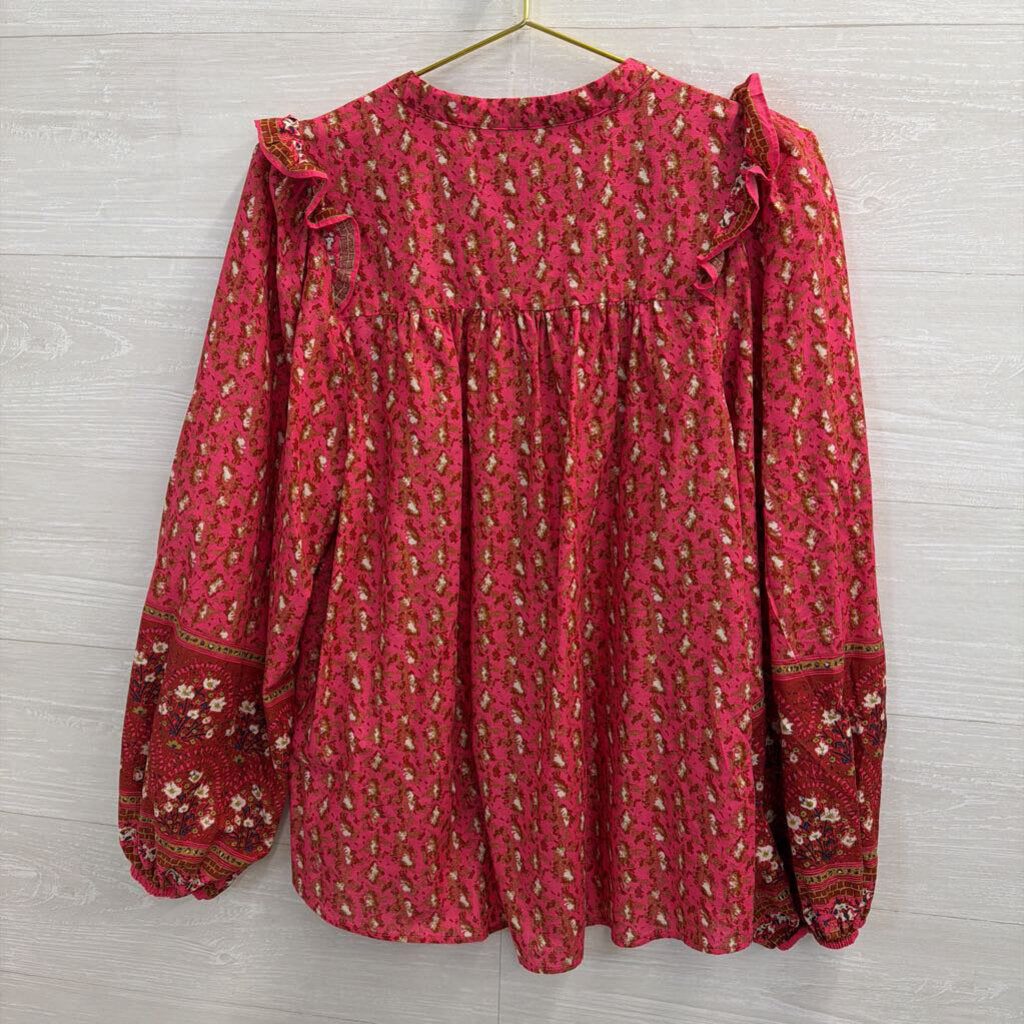Joie Pink Print Long Sleeve Button Down Top Large