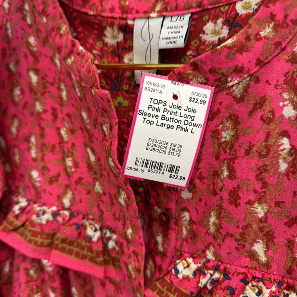 Joie Pink Print Long Sleeve Button Down Top Large
