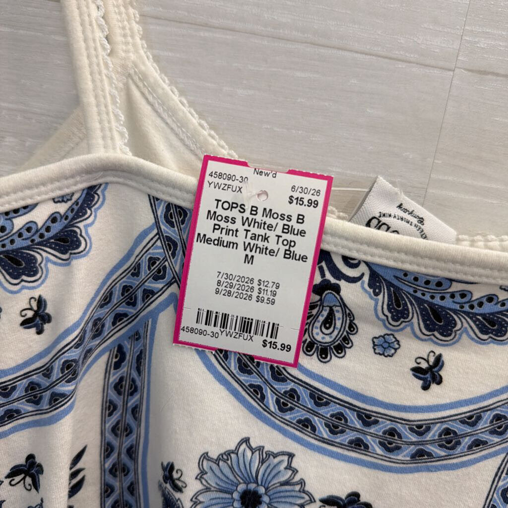 B Moss White/ Blue Print Tank Top Medium