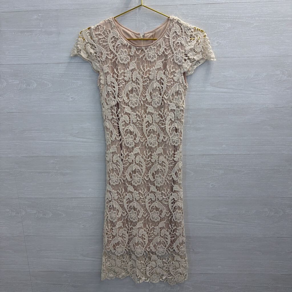 Mystree Beige Lace Short Sleeve Dress Small