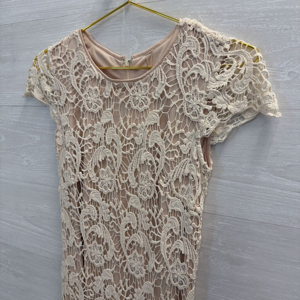 Mystree Beige Lace Short Sleeve Dress Small