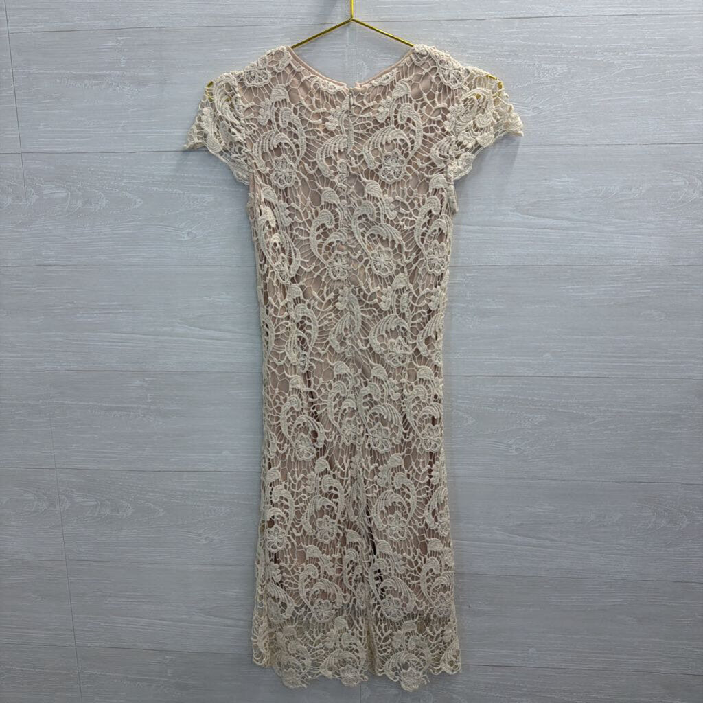 Mystree Beige Lace Short Sleeve Dress Small