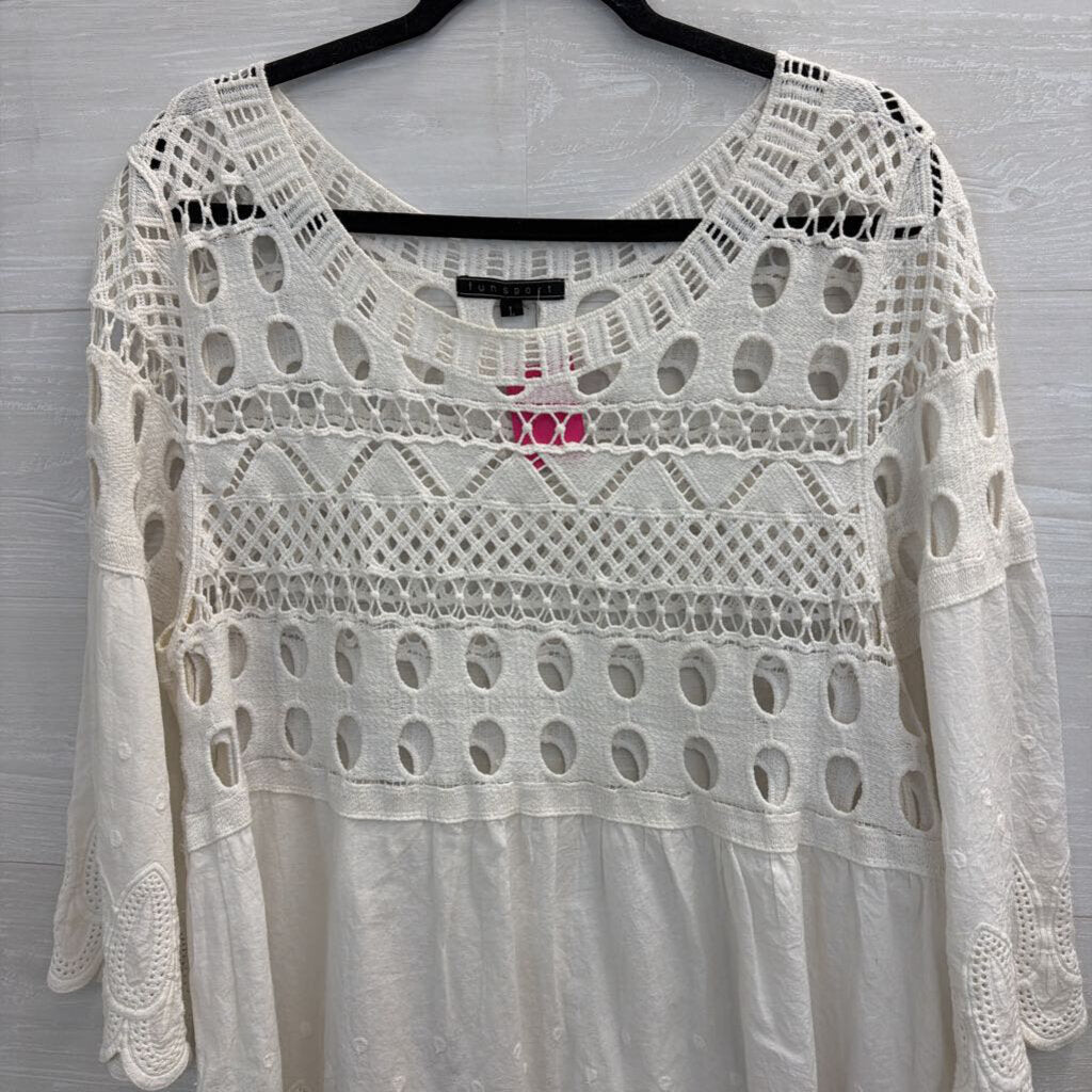 Fun Sport White Crochet Long Sleeve Top Large