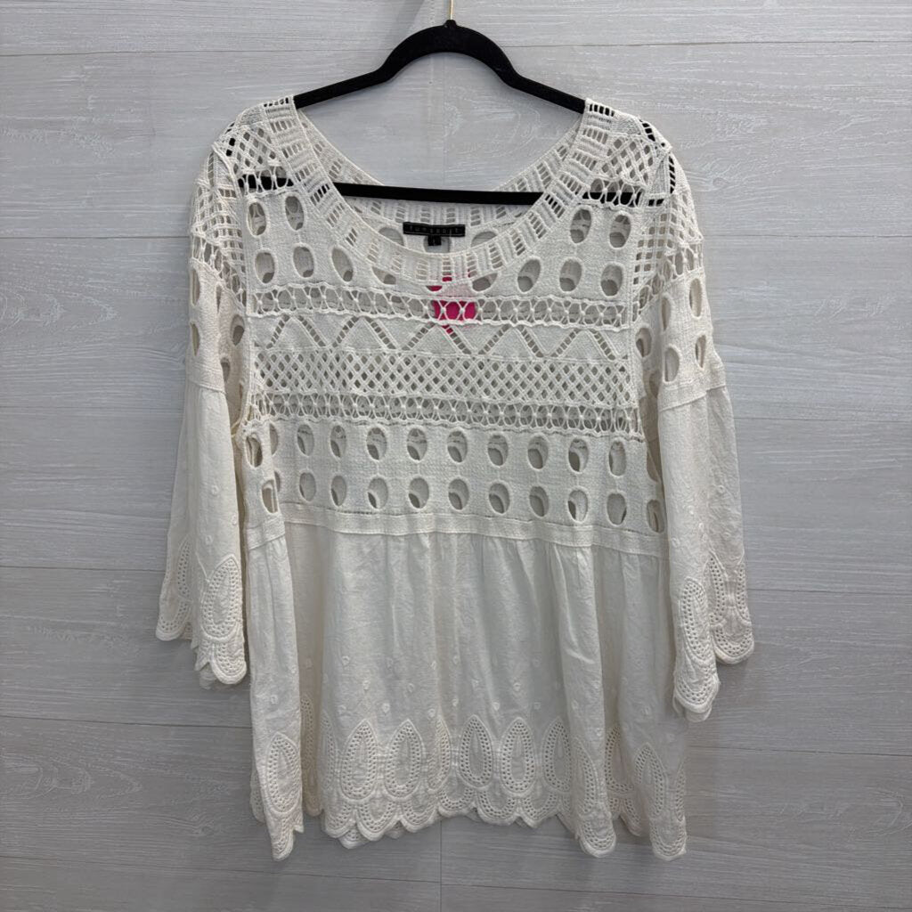 Fun Sport White Crochet Long Sleeve Top Large