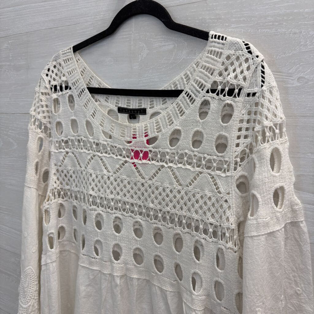 Fun Sport White Crochet Long Sleeve Top Large