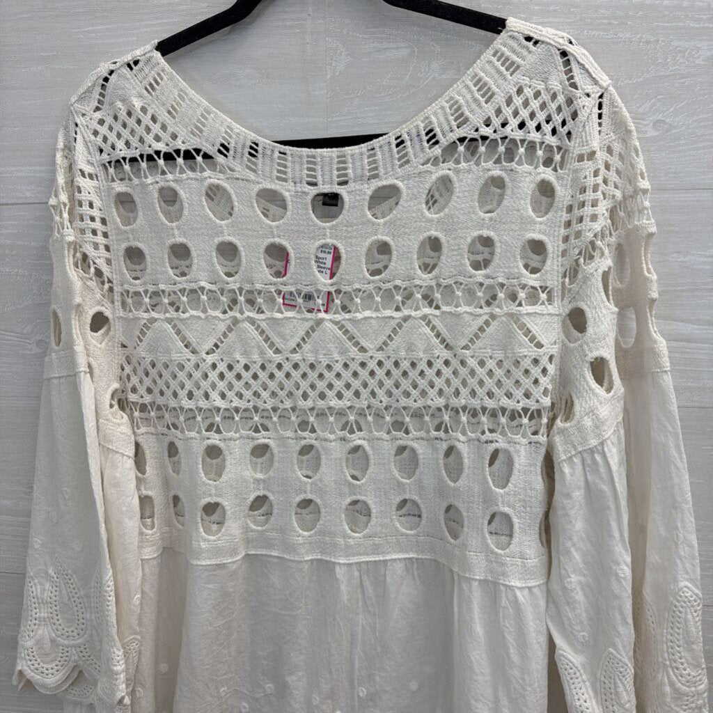 Fun Sport White Crochet Long Sleeve Top Large