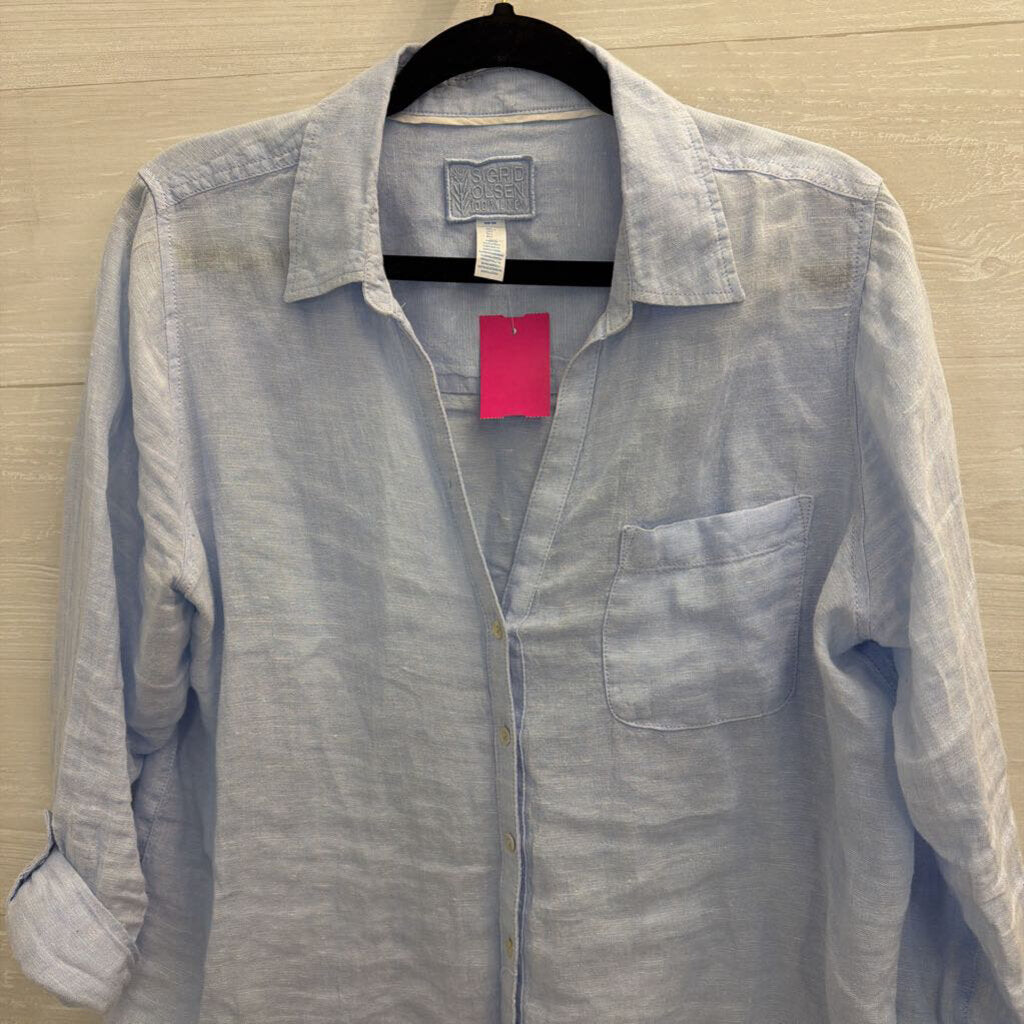 Sigrid Olsen Blue 100% Linen Long Sleeve Button Down Top Large